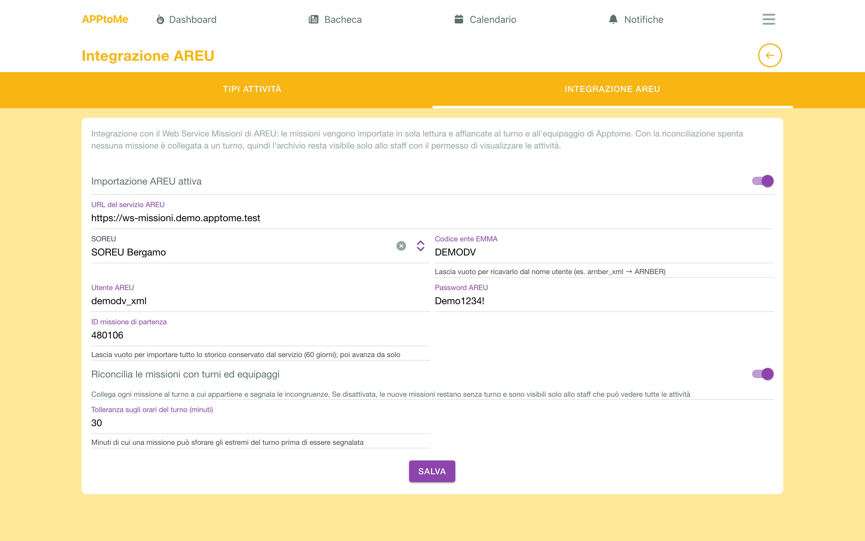Ajustes de la integración AREU con importación y conciliación activadas