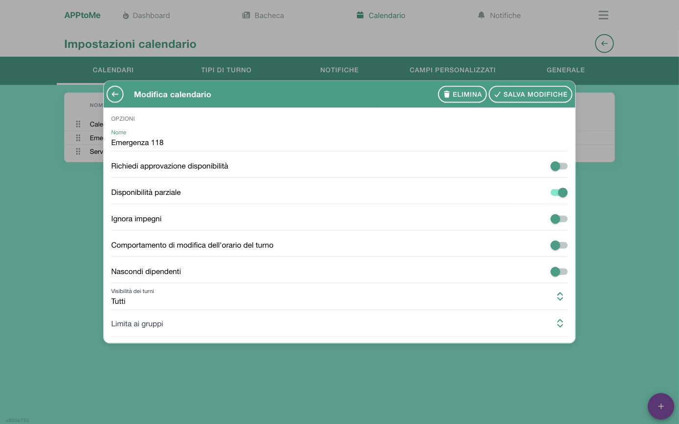 Modulo di modifica di un calendario, blocco Opzioni