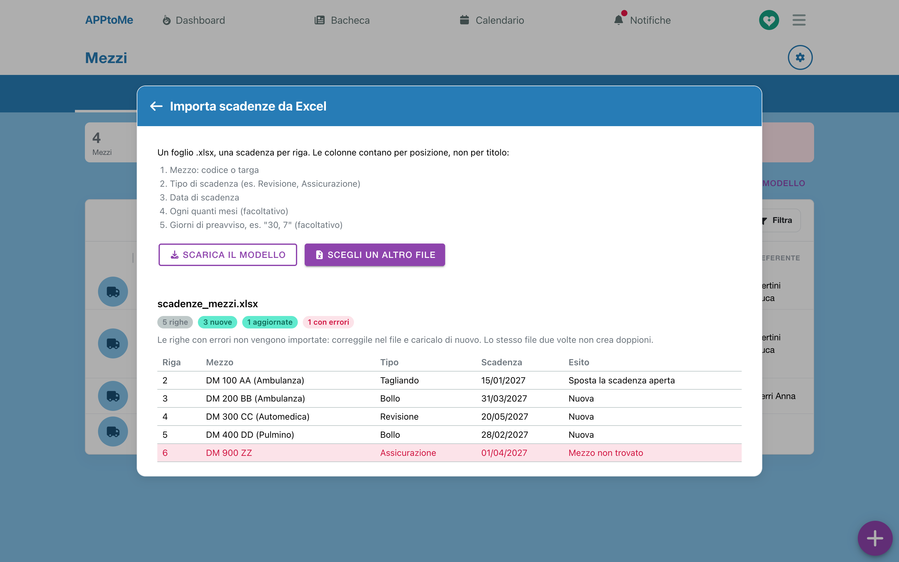 Fristen aus Excel importieren nach dem Einlesen der Datei: neue Zeilen, eine aktualisierte und eine mit Fehler