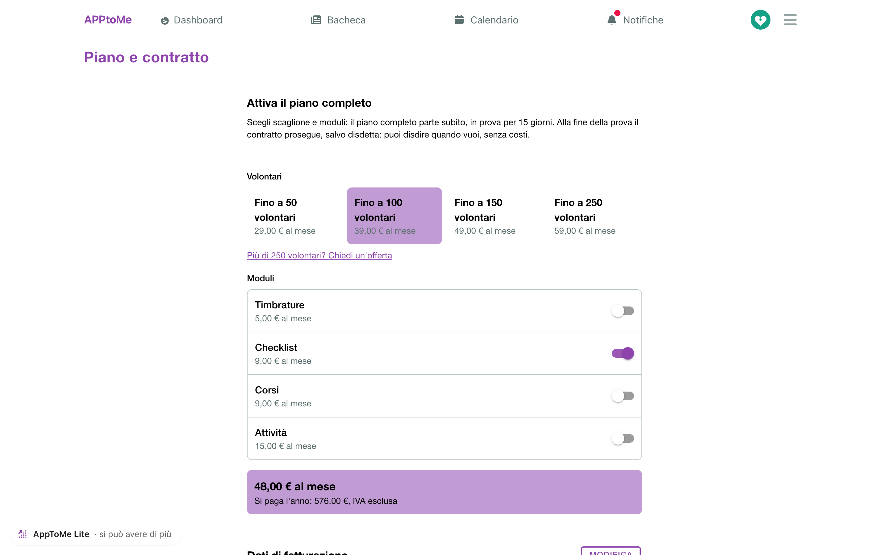 La página Plan y contrato de una organización Lite, con el configurador y el resumen