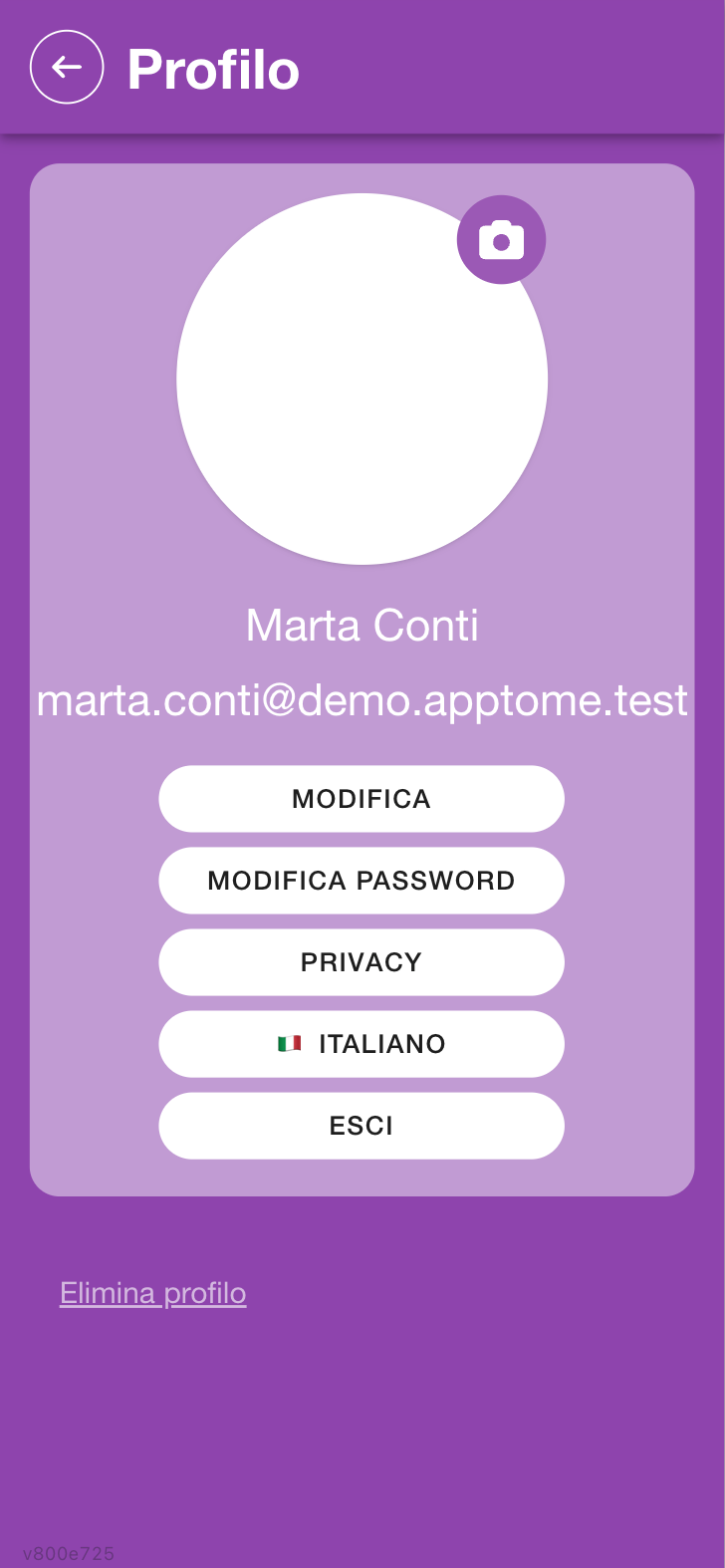Schermata Profilo con i pulsanti Modifica, Modifica password, Privacy, lingua ed Esci