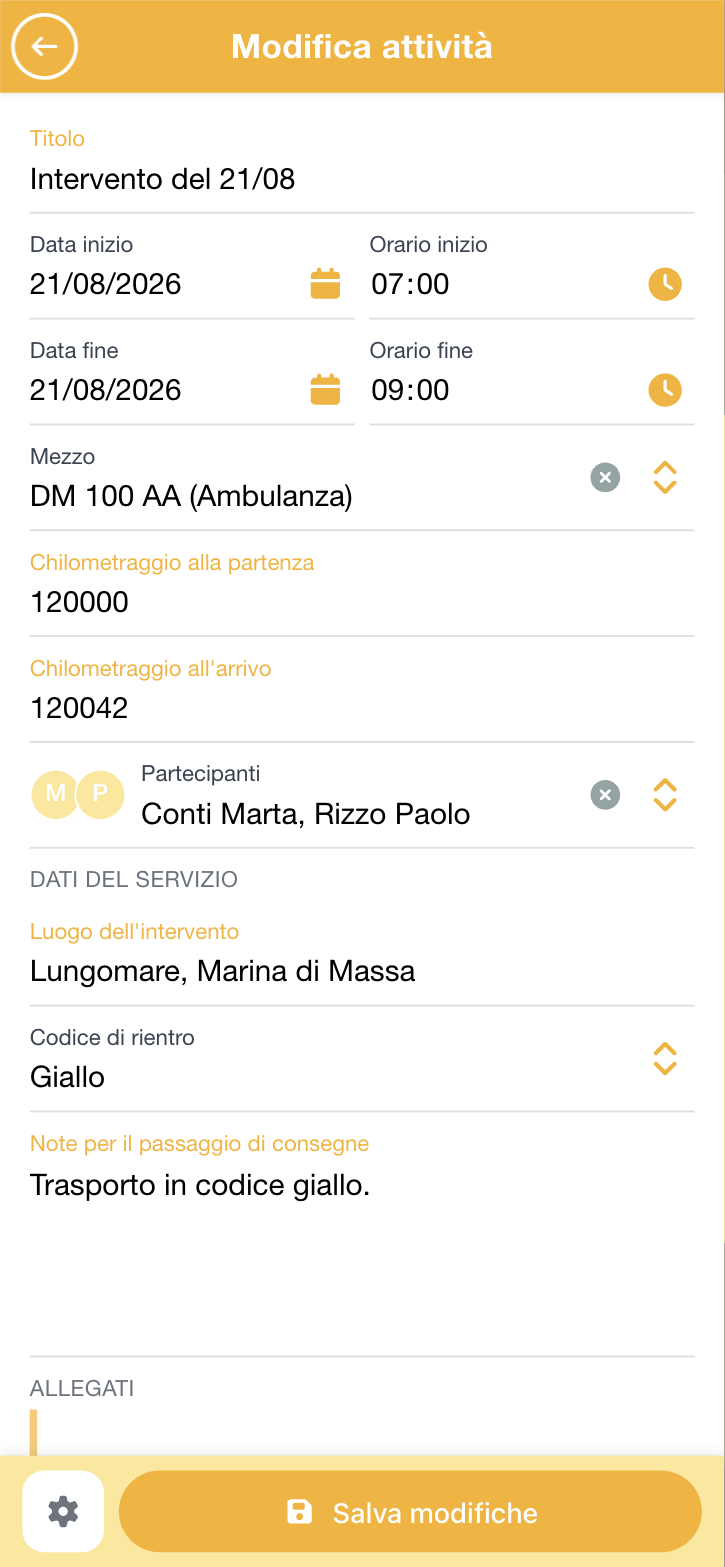 Modulo di un'attività con i campi del servizio