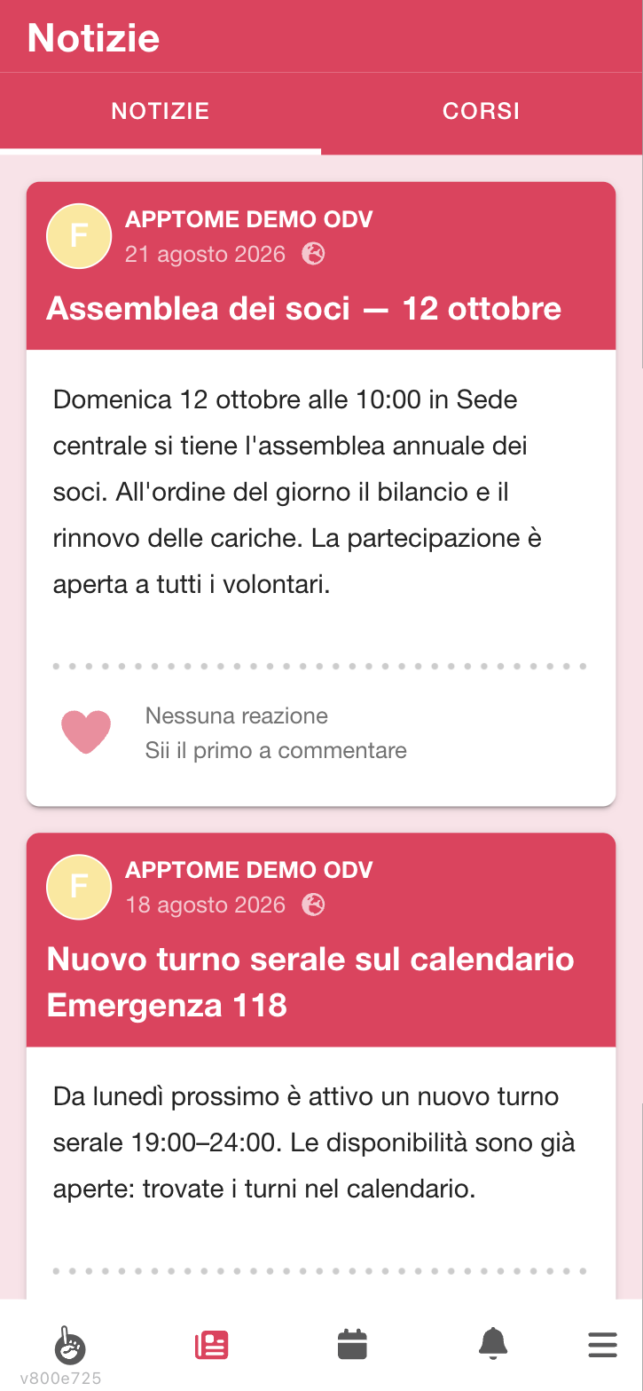 Bacheca con le ultime notizie dell'organizzazione