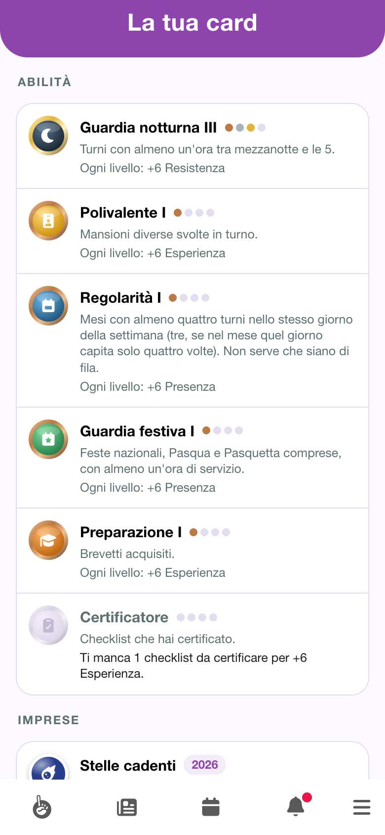 Le sei abilità: quelle raggiunte con il livello, Certificatore ancora in grigio