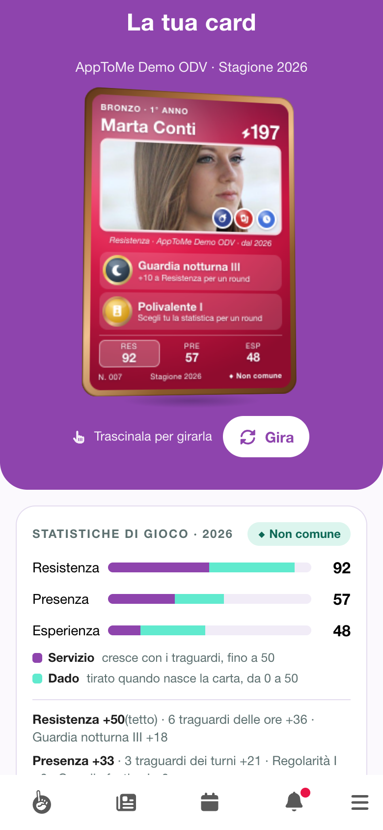 La tua card con la carta sulla fascia viola e le statistiche di gioco