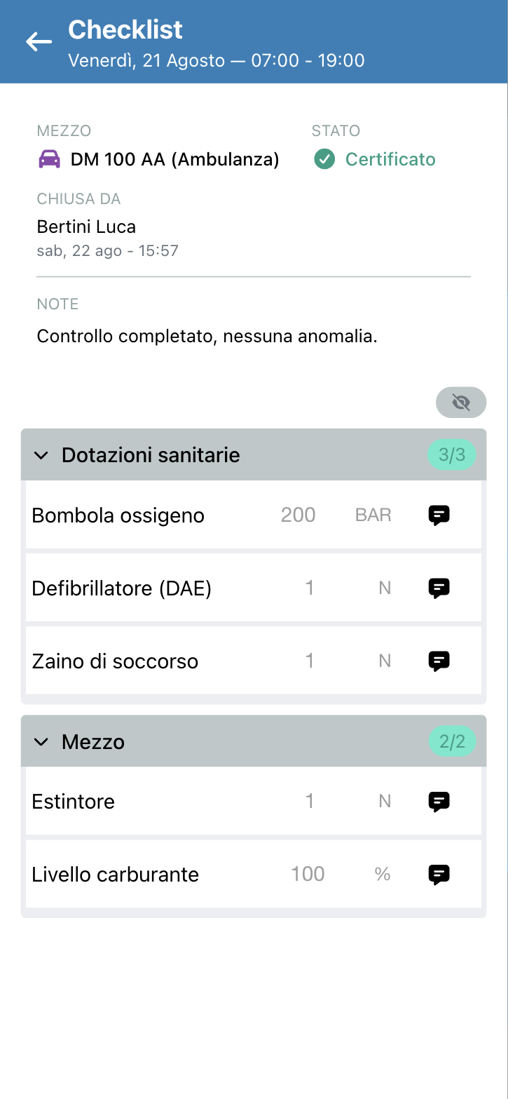 Checklist certificata con le sezioni Dotazioni sanitarie e Mezzo