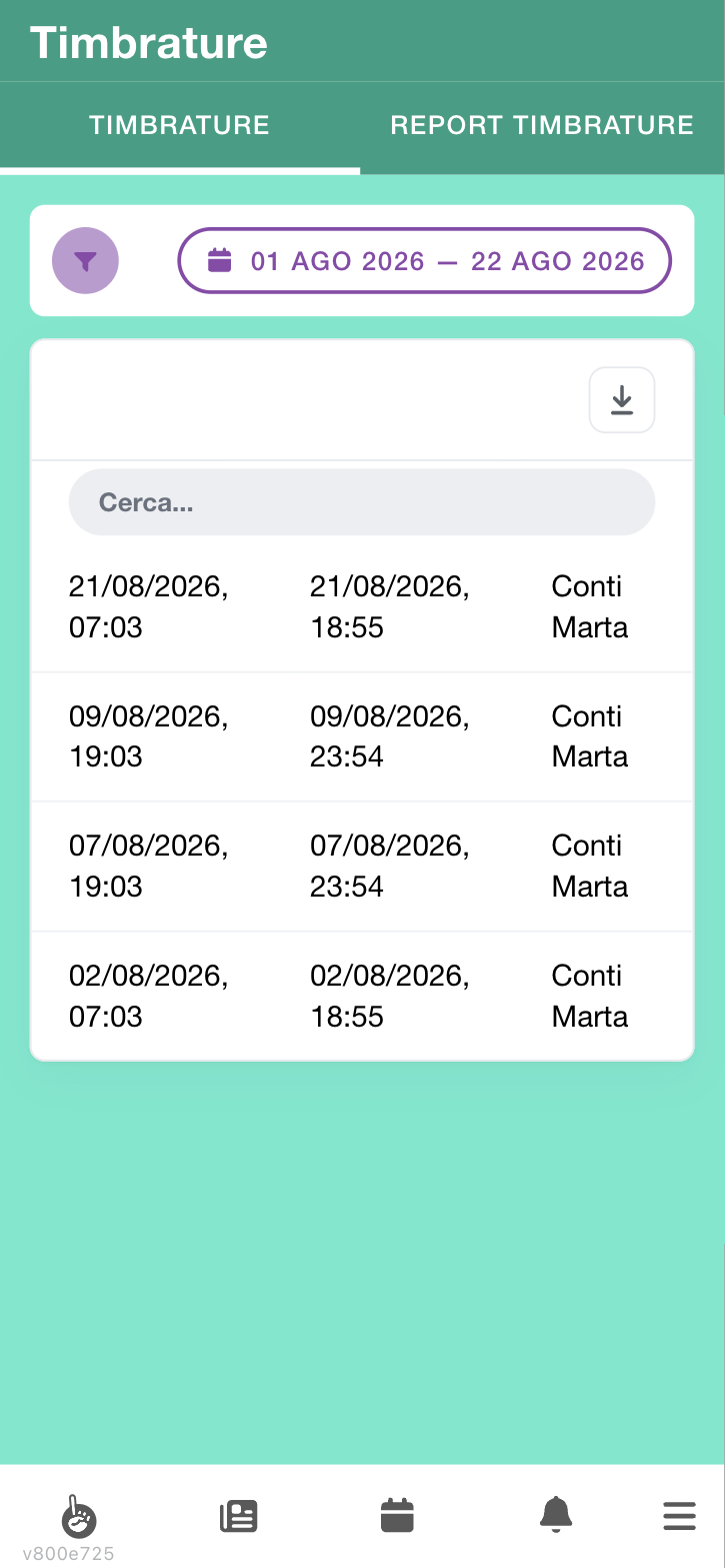 Elenco delle timbrature con l'intervallo di date