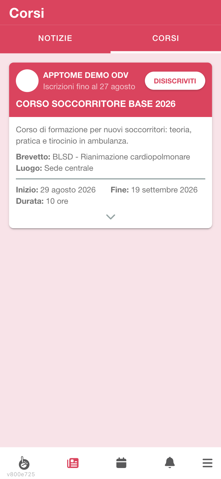 Scheda di un corso nella bacheca, con brevetto, date e durata