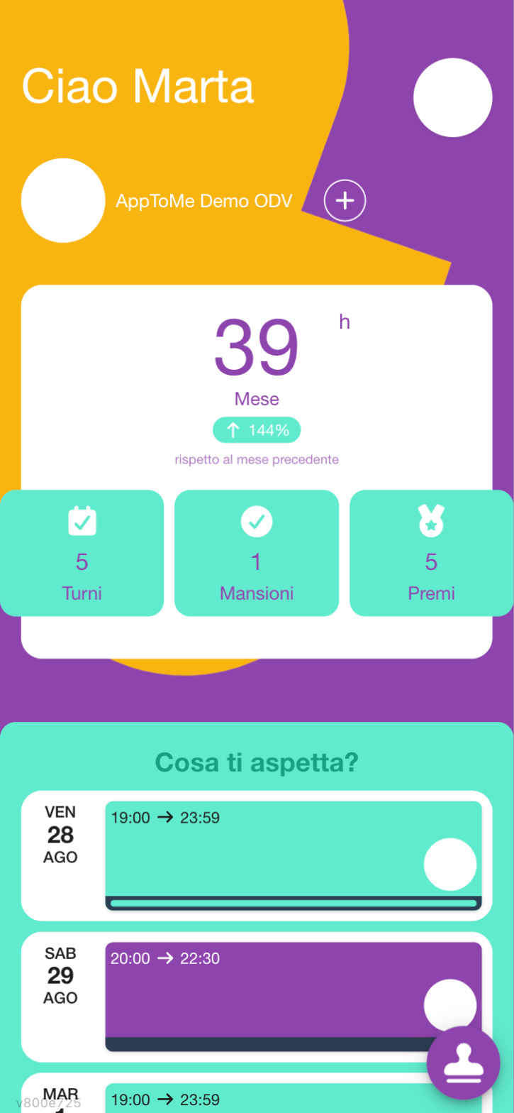 Dashboard del volontario con statistiche del mese e prossimi impegni
