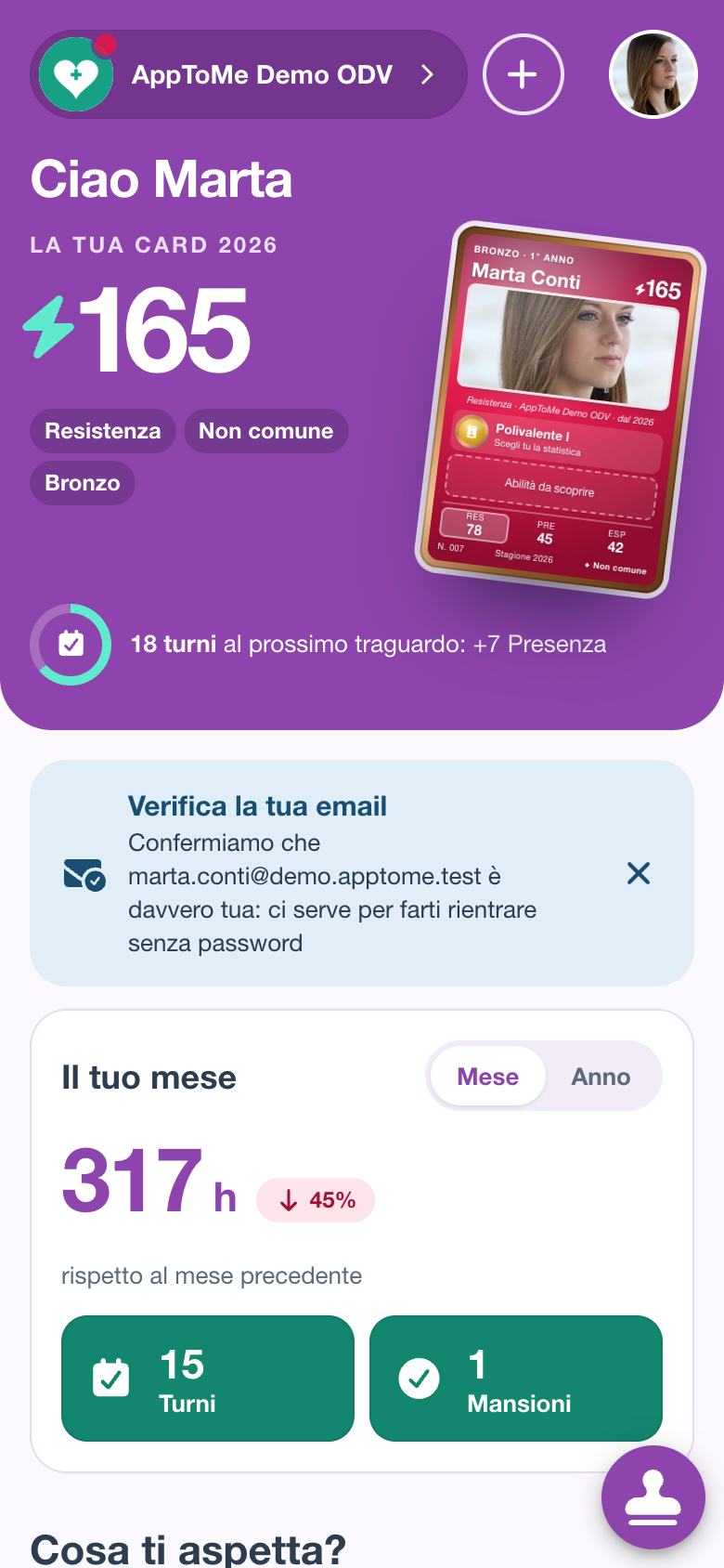 Dashboard con l'avviso Verifica la tua email sotto il saluto