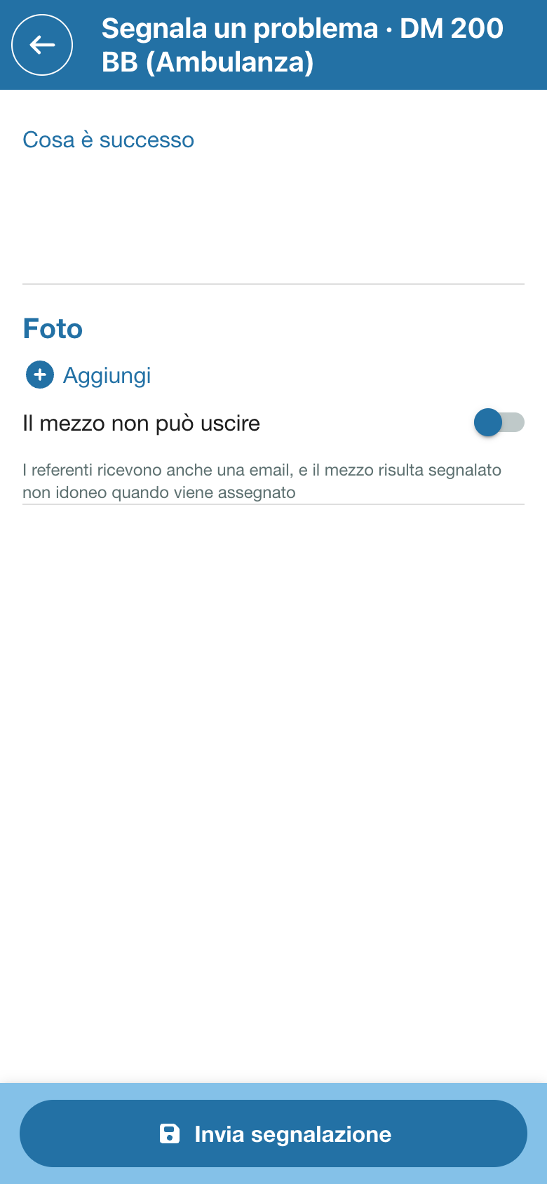 Il modulo Segnala un problema aperto dal turno