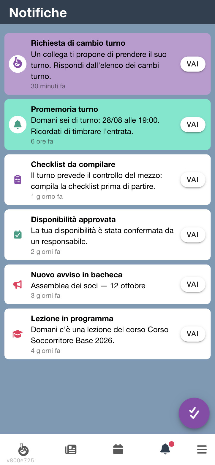 Centro notifiche con avvisi letti e non letti