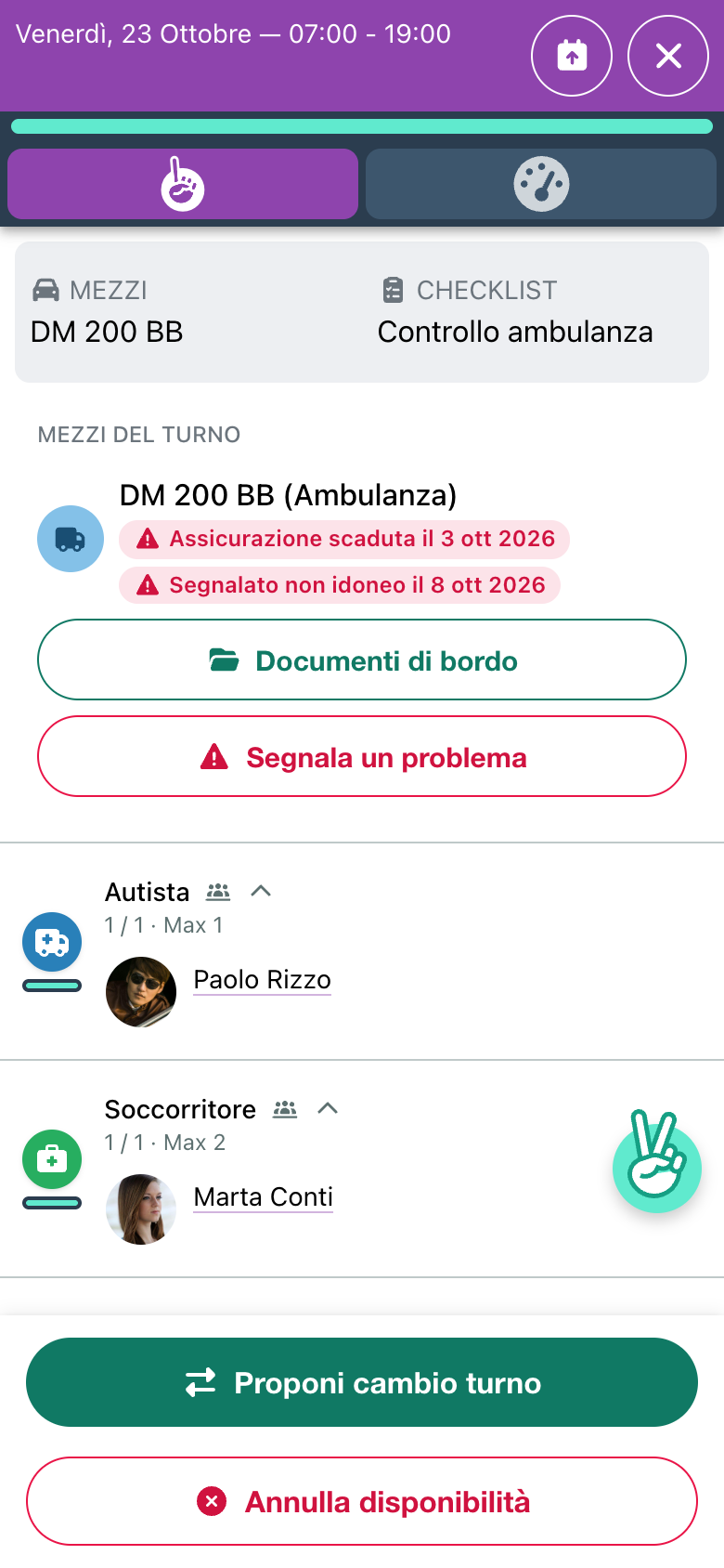 Il riquadro Mezzi del turno con gli avvisi del mezzo, Documenti di bordo e Segnala un problema