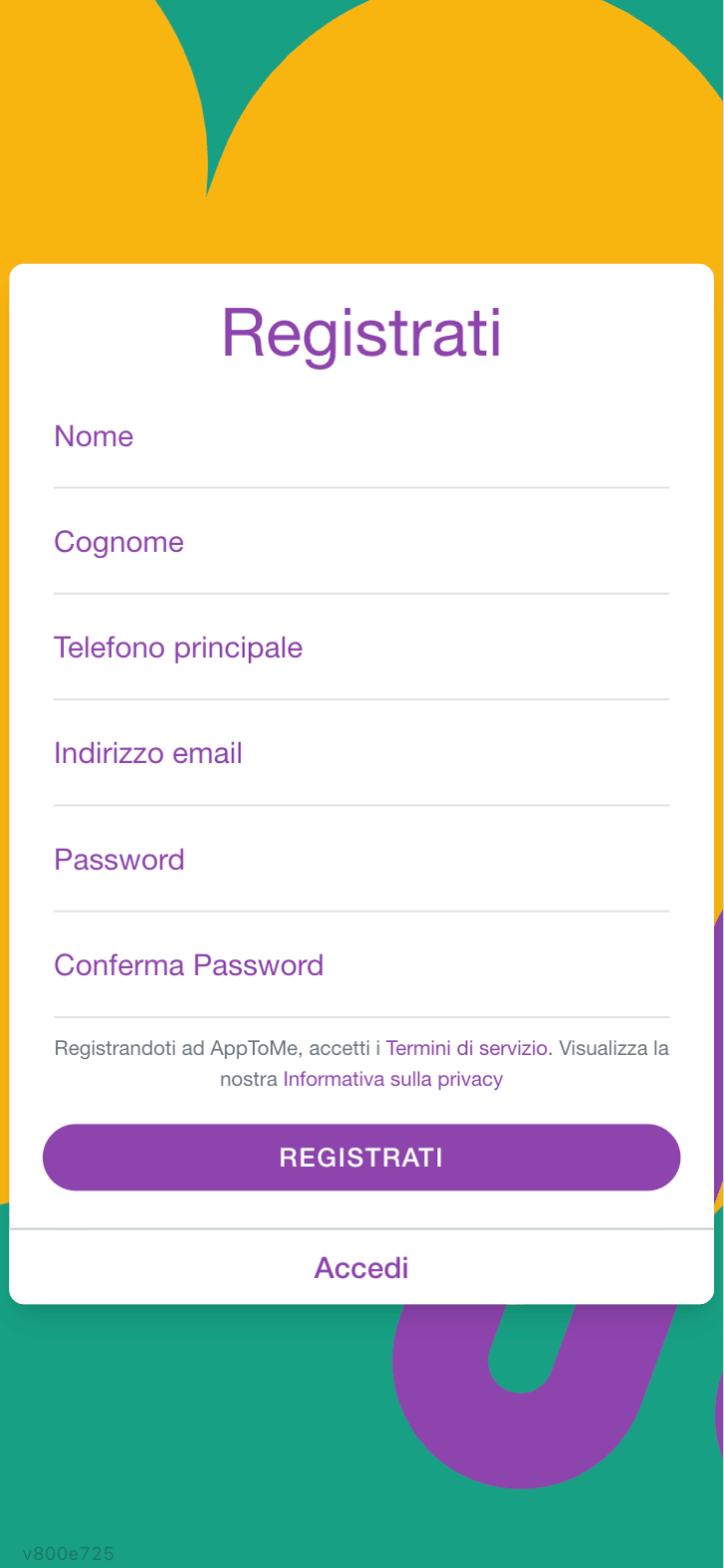 Modulo Registrati con Nome, Cognome, Telefono principale, Indirizzo email e le due password