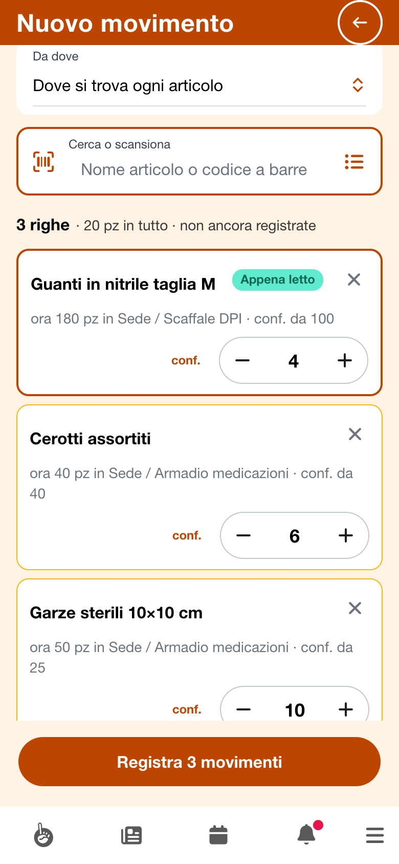 Un consumo di più articoli dal telefono, prima di registrarlo